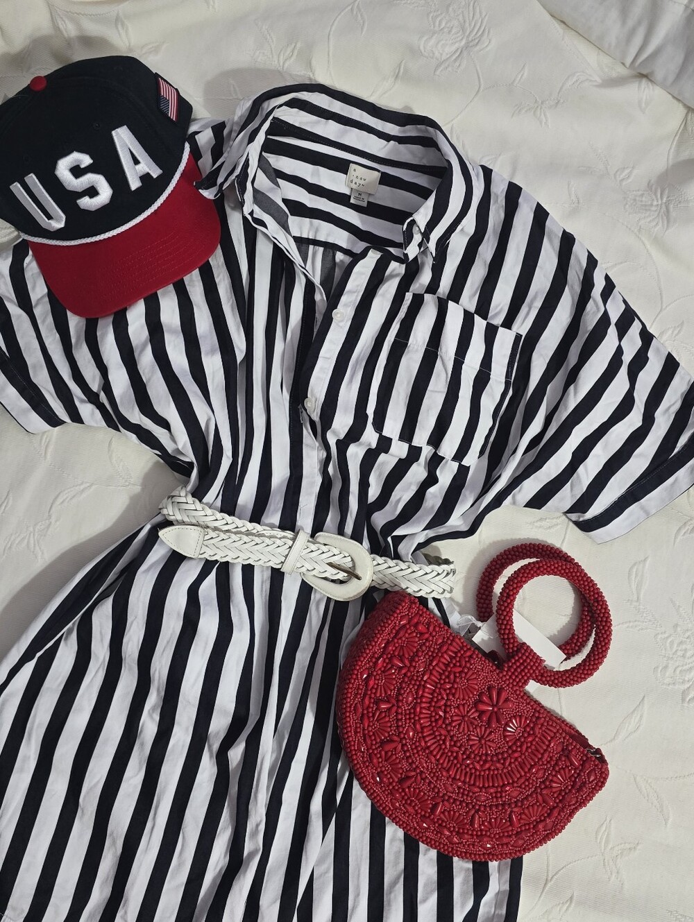 100% COTTON Navy & White Striped Tshirt Dress Size M USA 4th Of July
